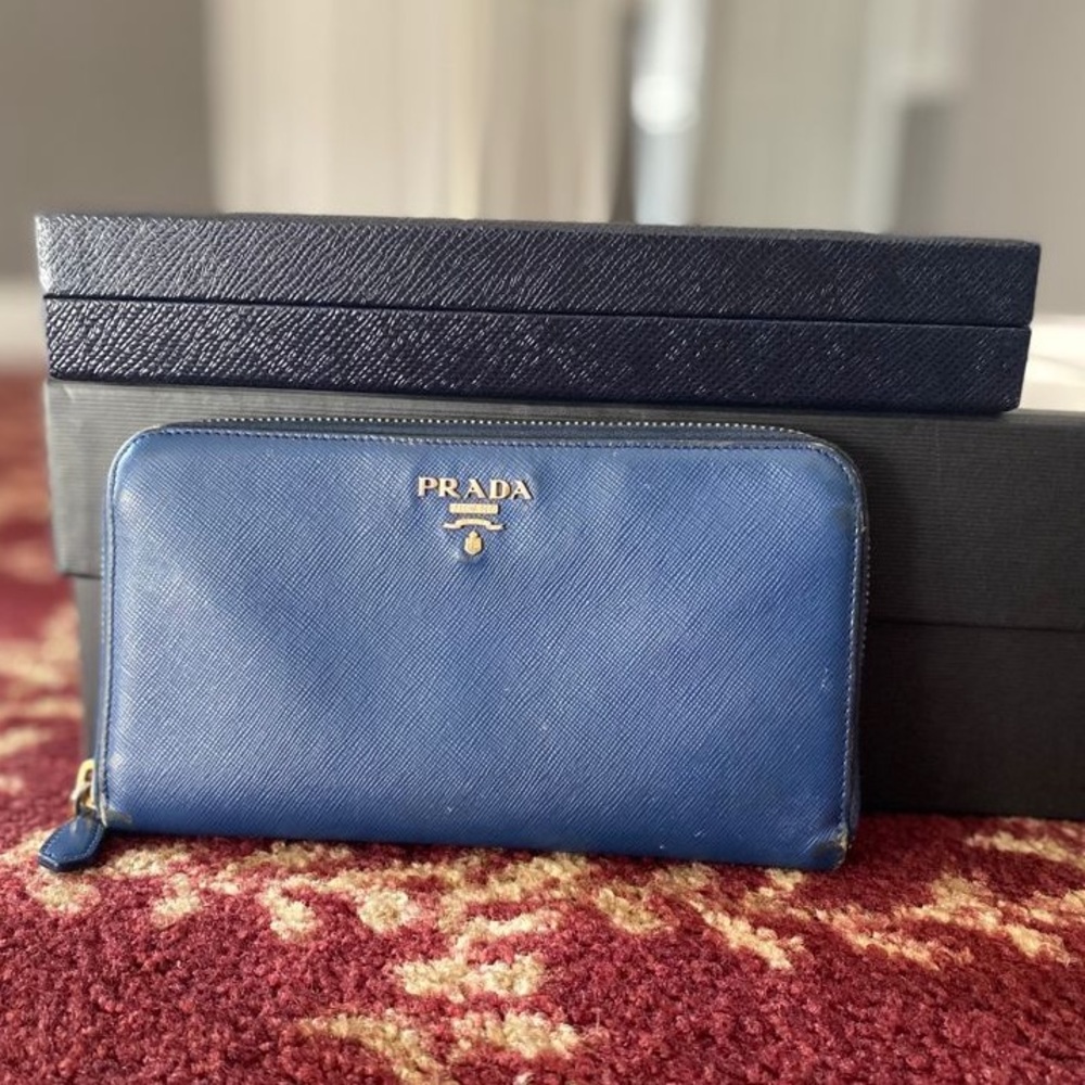 Navy Prada wallet good hardware